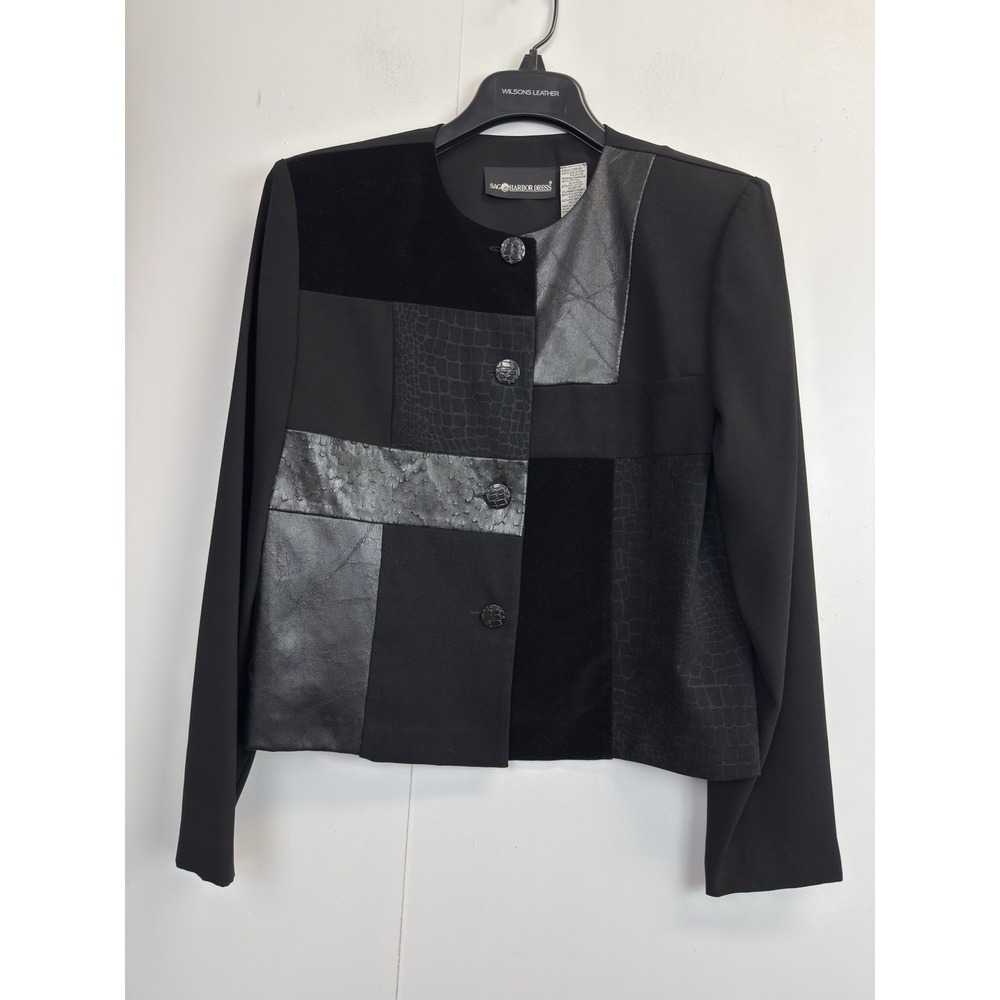 Sag Harbor Women's 10 Blazer Jacket Patchwork Button Front‎ Faux Leather Black